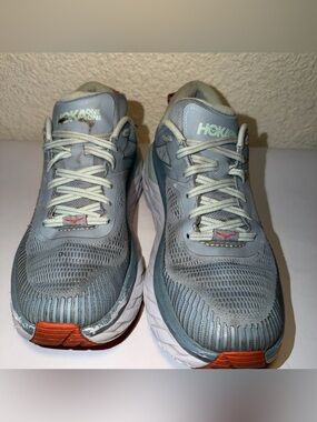 Hoka One One Light Blue and White Men's Running Shoes with Orange Accents